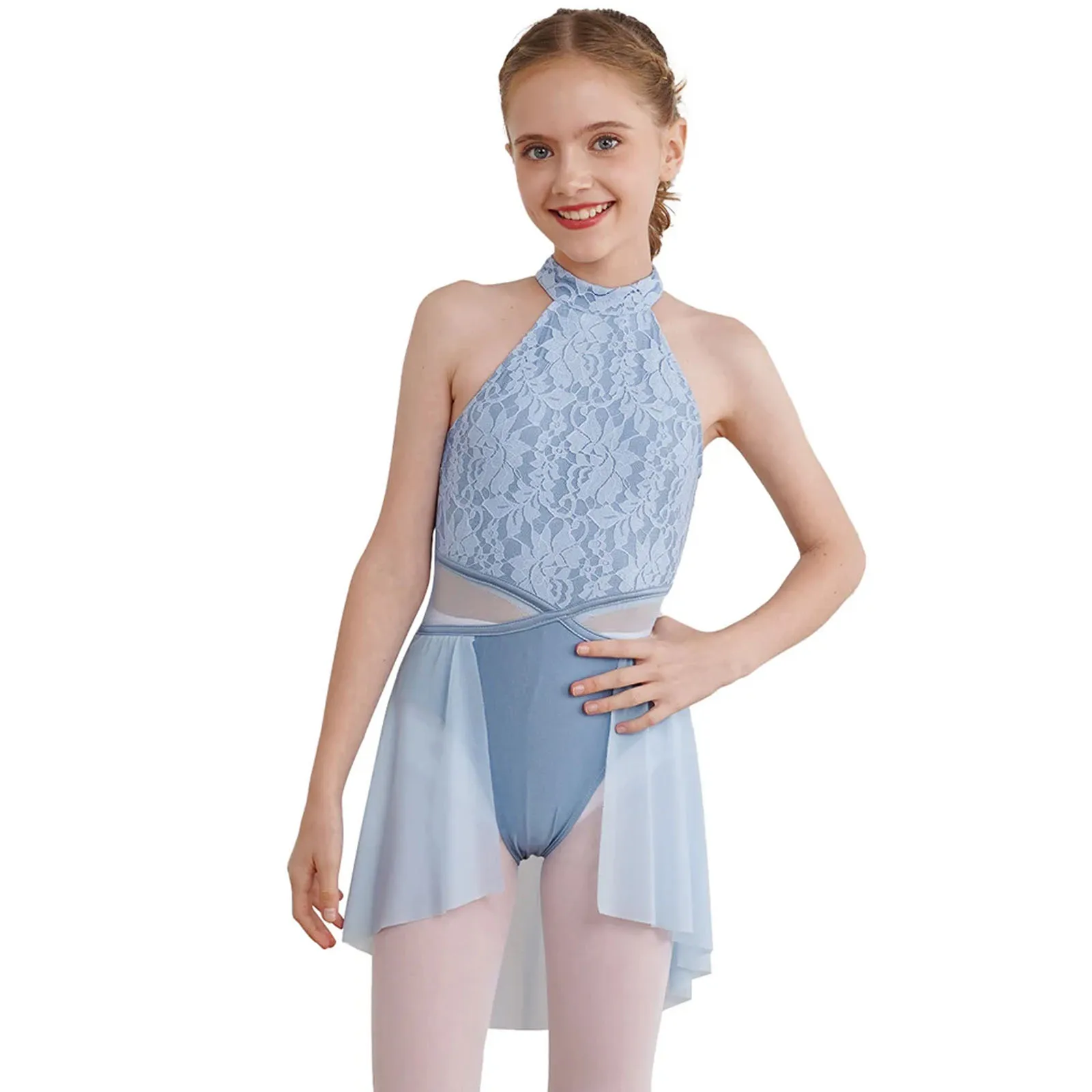 

Kids Girls Ballet Leotard Tutu Dance Dress Lace Floral Straps Irregular Hem Gymnatics Figure Skating Dress Moden Lyrical Costume