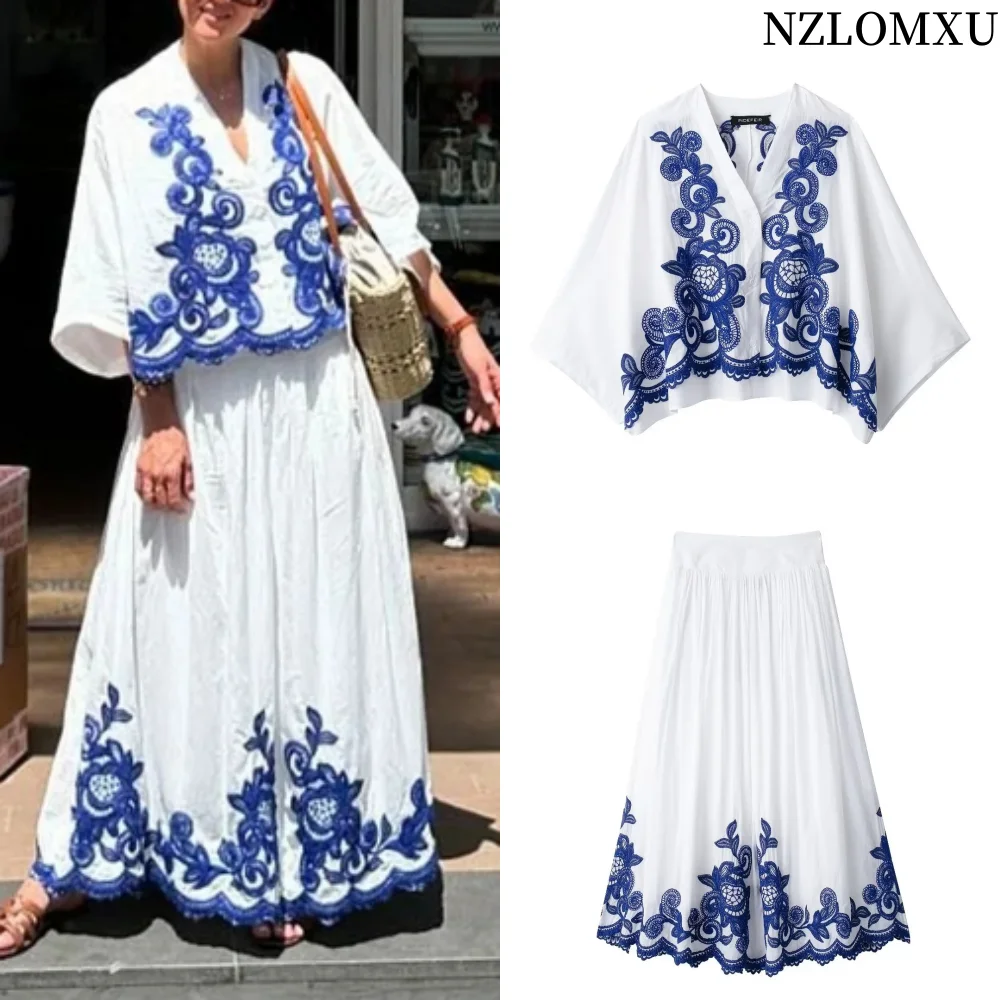 

2024 Women Skirt Set Blue Embroidery Single-Breasted V Neck Shirt +Folds High Waist Casual A Line Long Skirt Beach Style