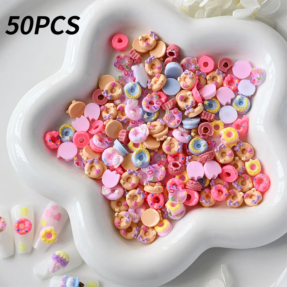 50szt 3D Cute Donut Ice Cream Nail Charms Resin Sweet Doughnut Candy Cartoon Nail Art Decorations Flatback Nail Art Rhinestones