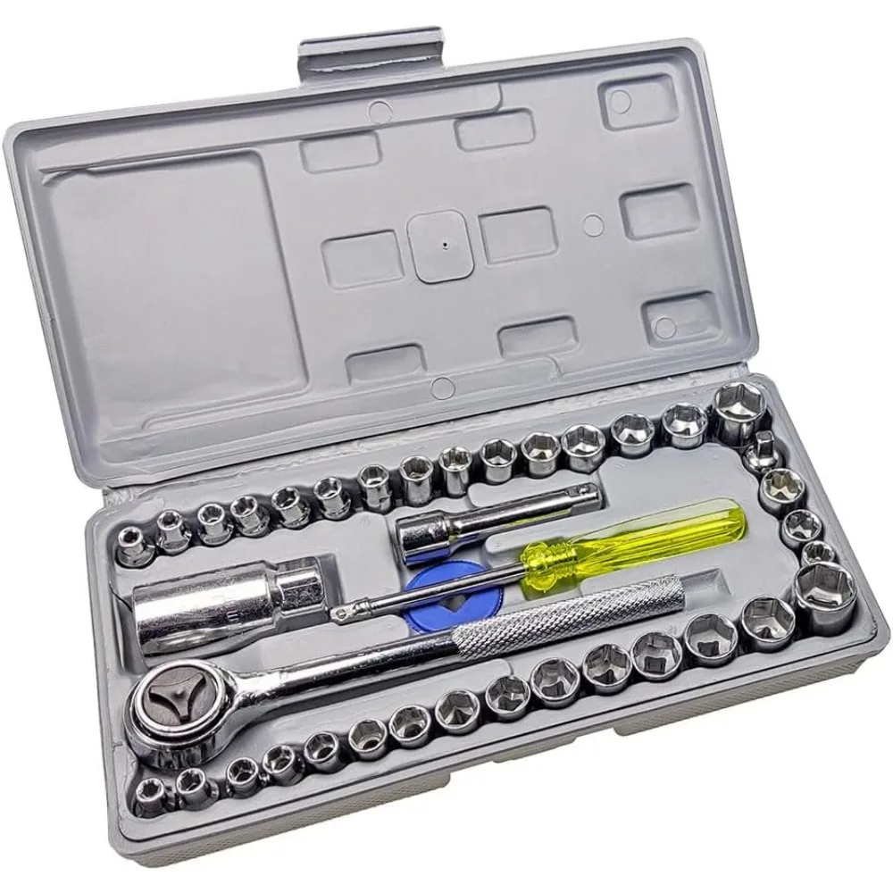 

Набор из 40 метрических головок SAE/метрических ключей с храповым механизмом, приводом 1/4 и 3/8, 6-точечным шестигранным набором механических головок для универсального ремонта