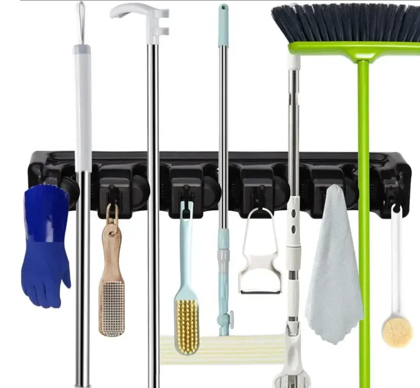 Wall-Mounted Broom Holder with Stainless Steel Hooks for Garage, Closet, and Kitchen Mop and Broom Organizer with Non-Slip Grips