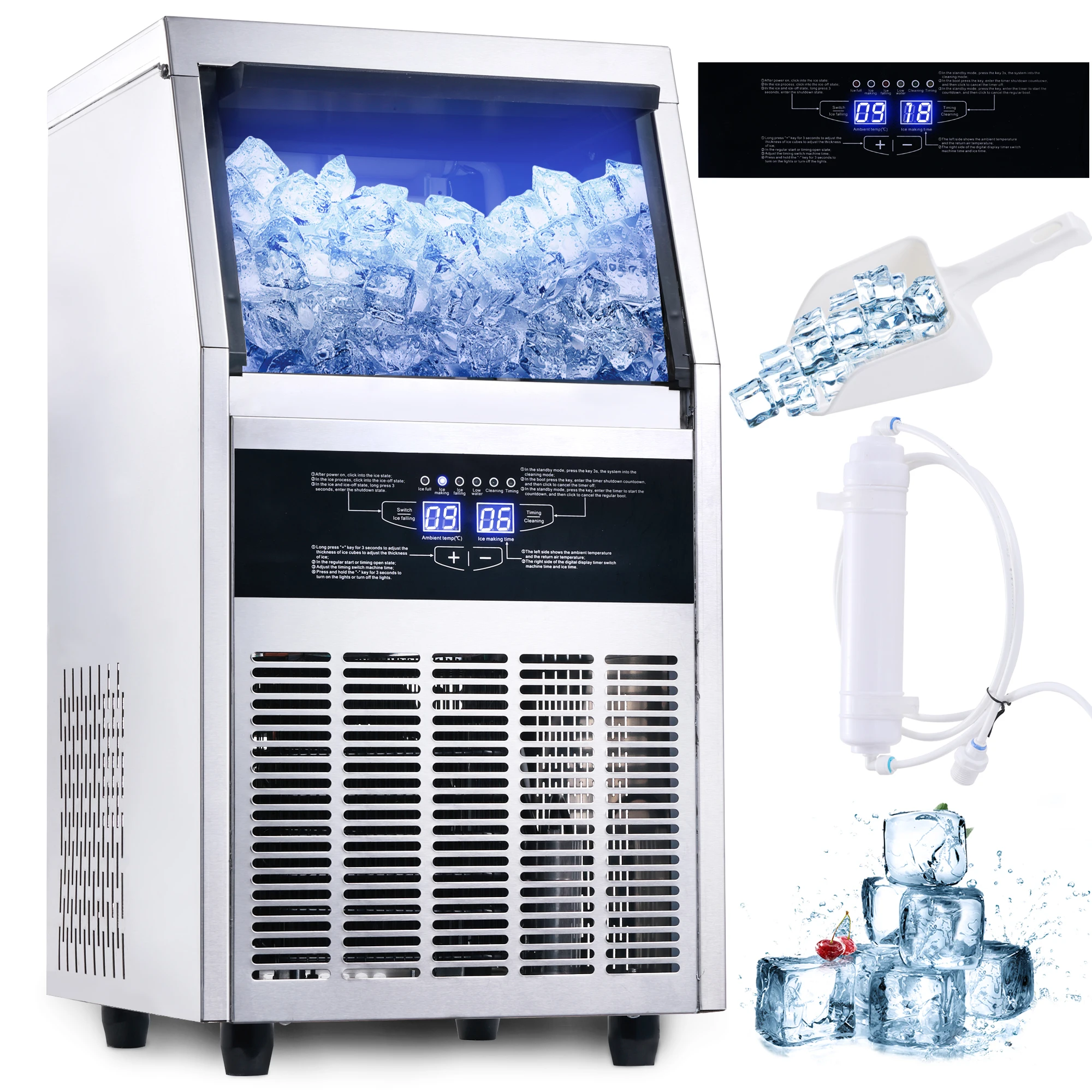 Zomagas 120-130LBS/24H Timer Quiet Compressor Automatic Cleaning Blue Light Commercial Ice Maker Machine CIM45