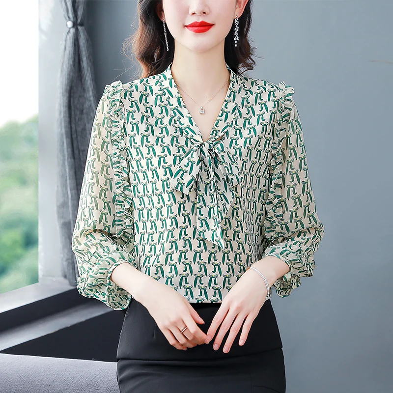 Elegant Fashion Bowknot Chiffon Shirt Summer Clothes New Fashion Printed Tops 3/4 Sleeve Women Blouse