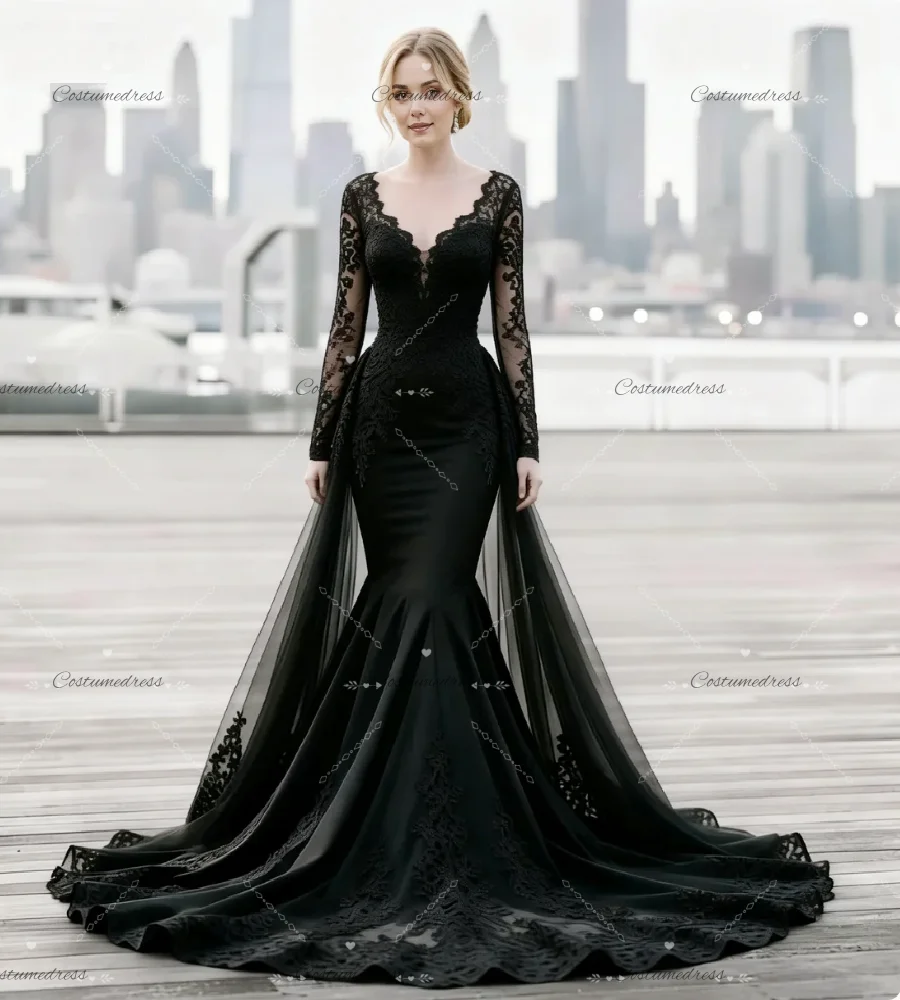 魅力的なブラックマーメイドウェディングドレス、取り外し可能なスカートトレーン付き、長袖レースゴシックブライダルドレス、Vネックボヘミアンブライダルドレス