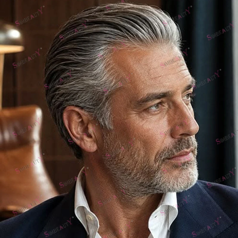 Old Men's Super Durable Silicon Base Human Hair 1B50 1B65 1B40 Grey Brown Black 30mm Wave Men's Toupee Natural Hair Prosthesis