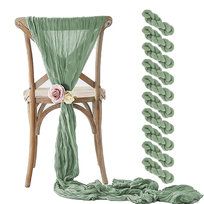 10pcs Sage Green Cheesecloth Chair Sashes Rustic Bowknot Designed Chair Cover for Wedding Banquet Party Chair decor 90X180cm