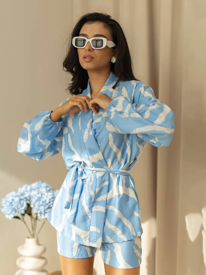 

Marthaqiqi Printing Women'S Sleepwear Set Long Sleeve Robe V-Neck Pajamas Lace Up Nightwear Shorts Casual Ladies Nightgowns Suit