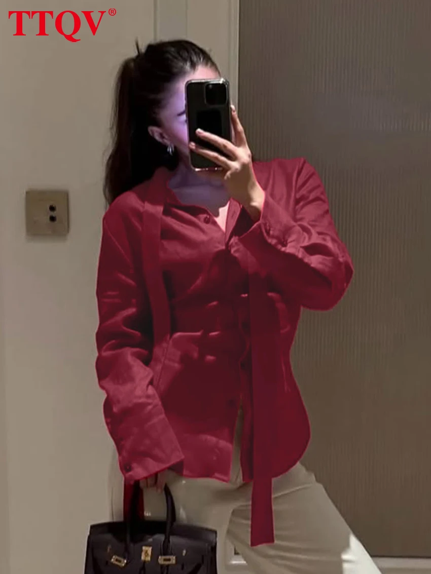

TTQV Fashion Loose Red Cotton Women's Shirt 2026 Spring Bow Collar Long Sleeve Blouses Elegant Slim Classic Top Female Clothing