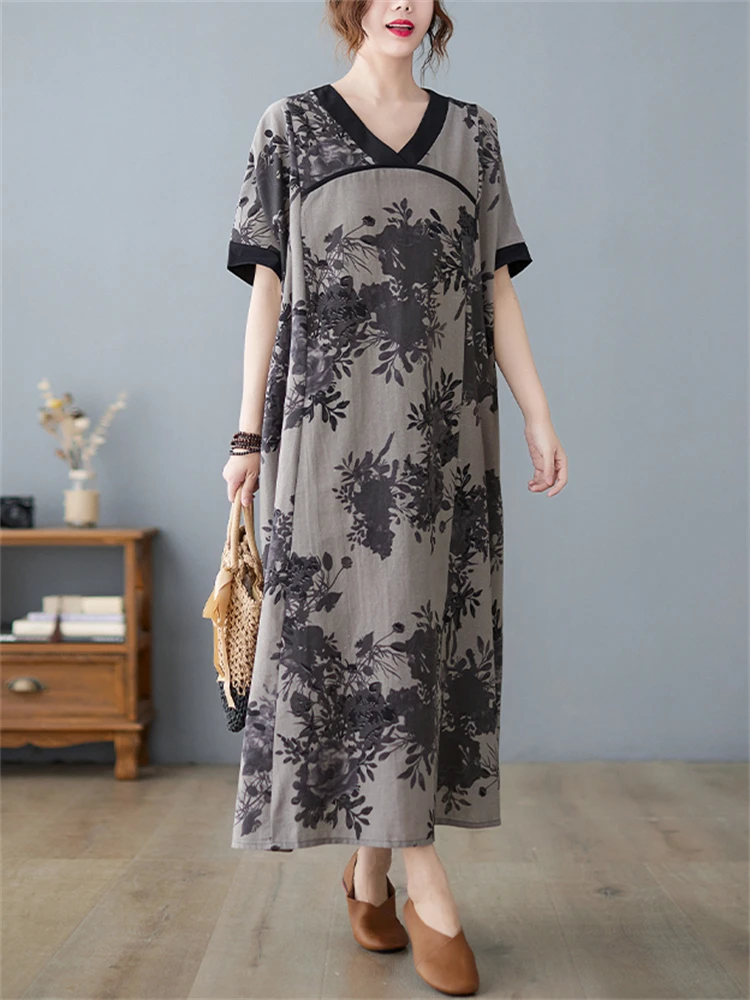 

Short Sleeve Cotton Linen Vintage Print Summer Dresses For Women 2022 New Casual Loose Long Ladies Dress Elegant Female Clothing