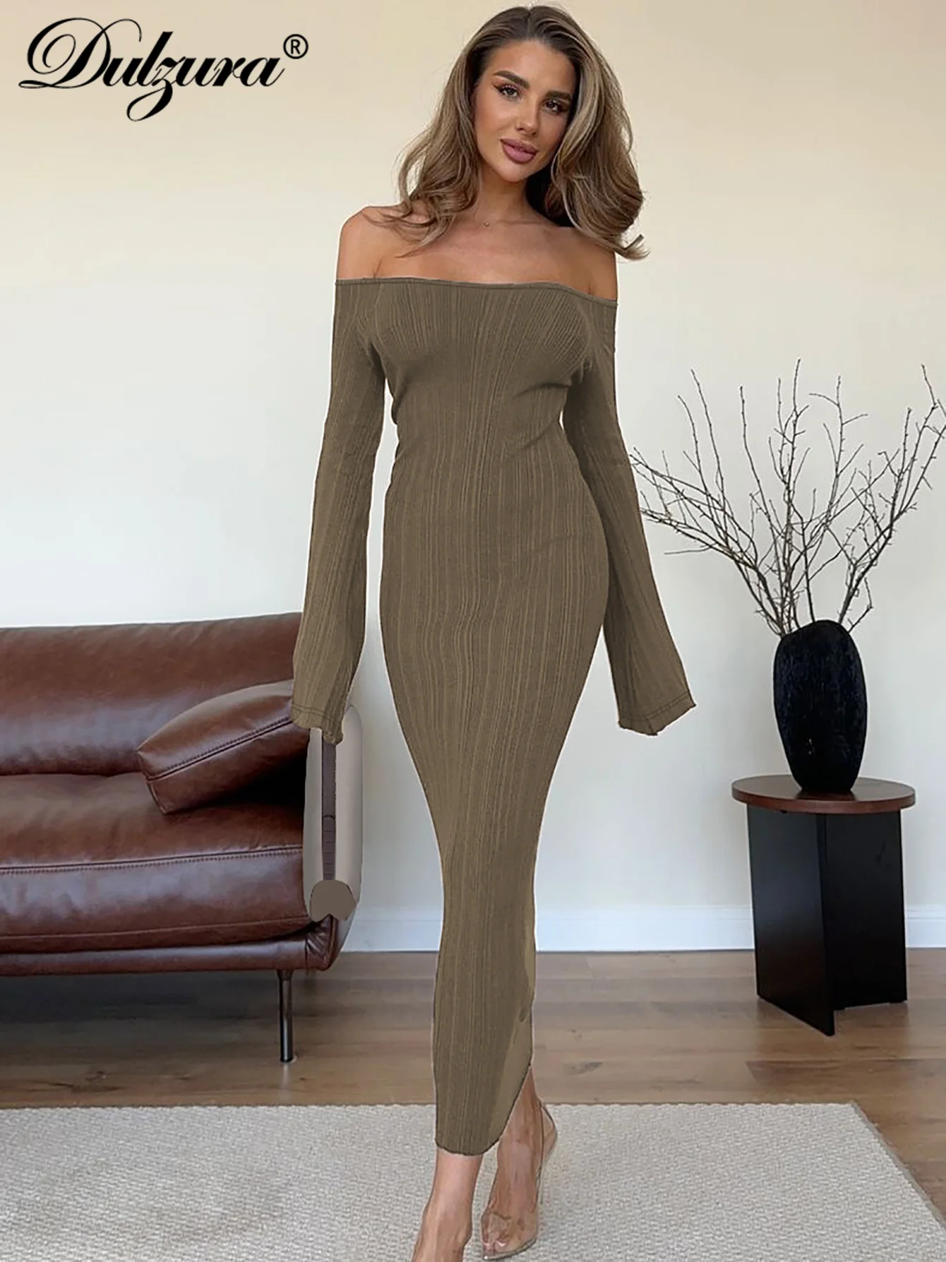 

Dulzura Off Shoulder Long Sleeves Bodycon Midi Dress Solid Sexy Elegant Outfit Party Clubwear For Women’S Autumn Winter