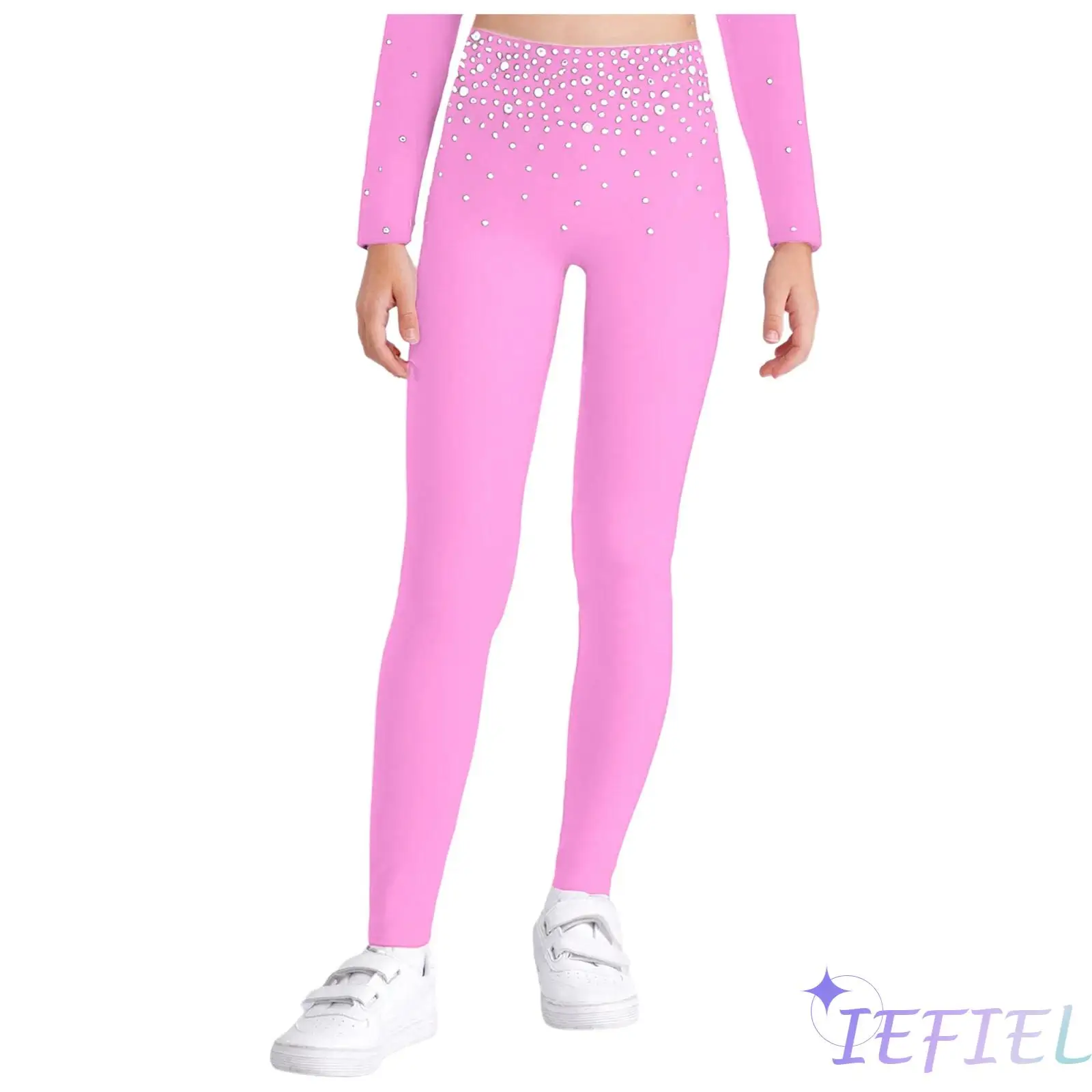 

Girls Dance Figure Skating Performance Costume Sparkling Rhinestones Metallic Tight Pant Elastic Waistband Leggings Jazz Trouser