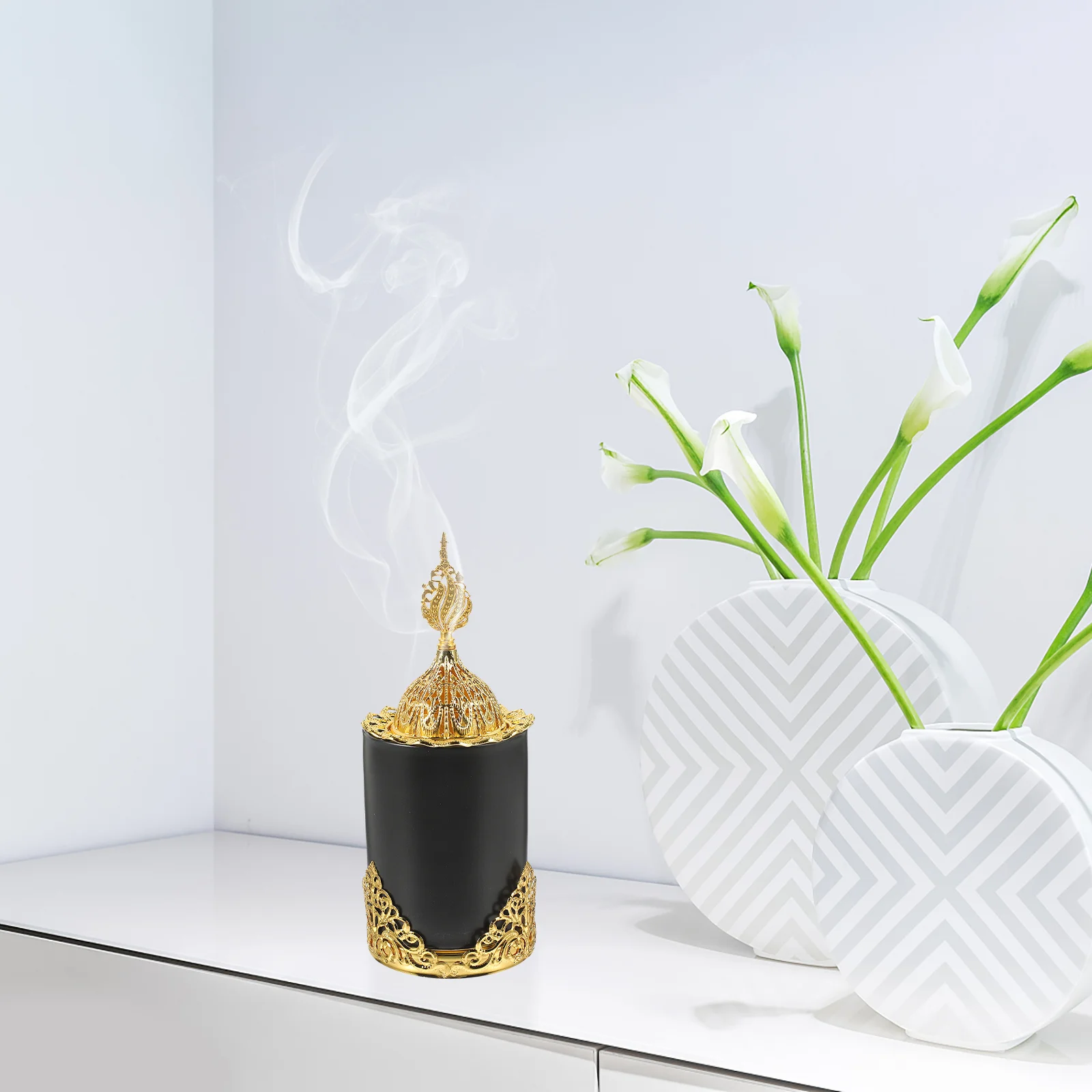 

Ceramic Incense Burner Golden Finish Round Censer for Bedroom Study Sauna Tea Buddhist Hall Decor Stick Cone Holder