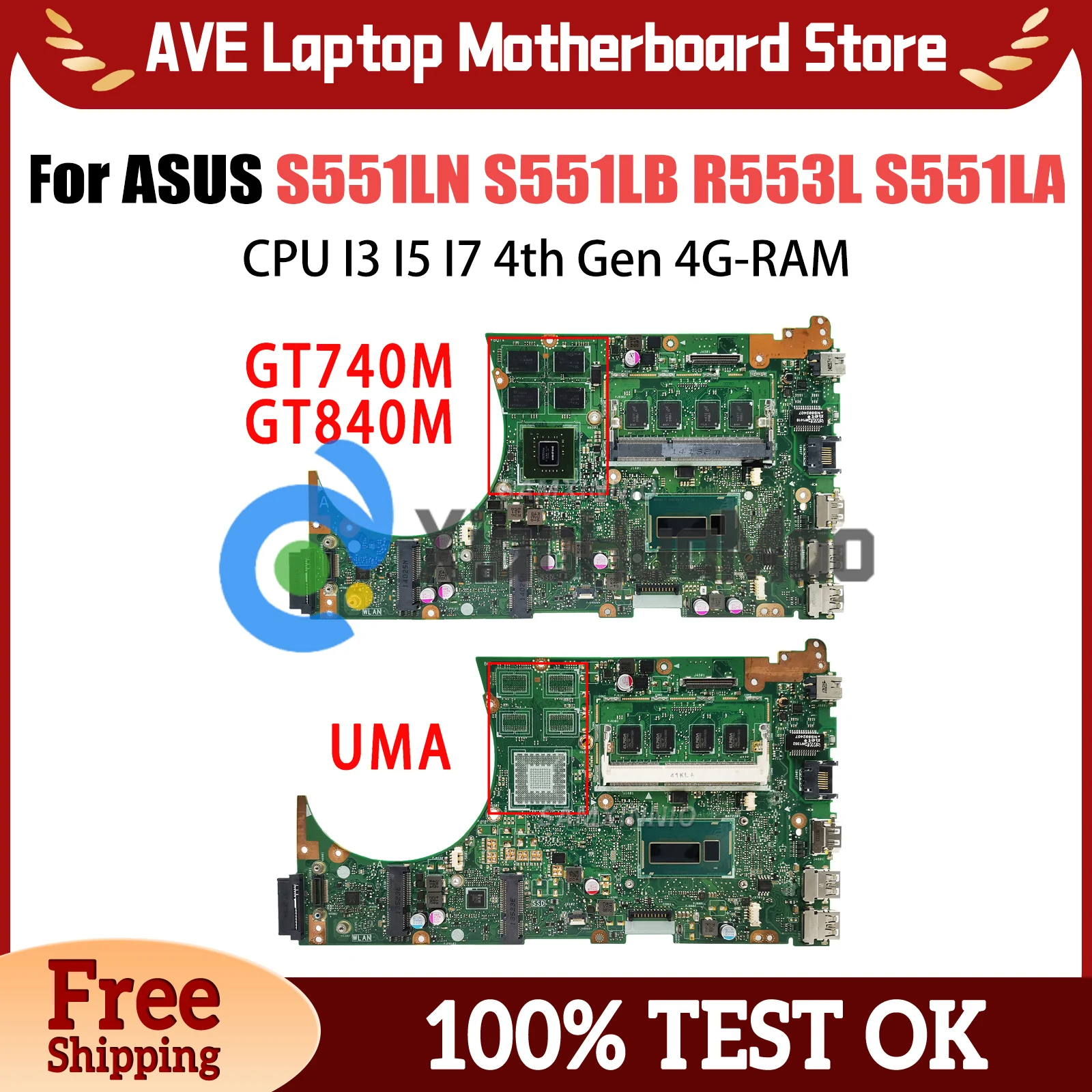 

Notebook S551L Mainboard For ASUS S551LN S551LB R553L S551LA Laptop Motherboard CPU I3 I5 I7 4th Gen 4G RAM GT740M/GT840M