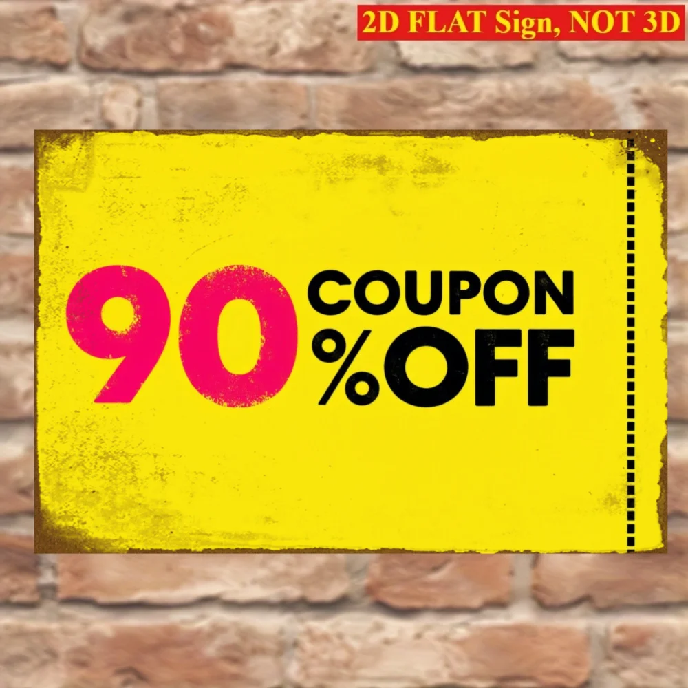 2D Flat, 1pc Coupon Promotion Sign - Vintage Metal Discount Decor, Bold Red And Black Text on Bright Yellow Background