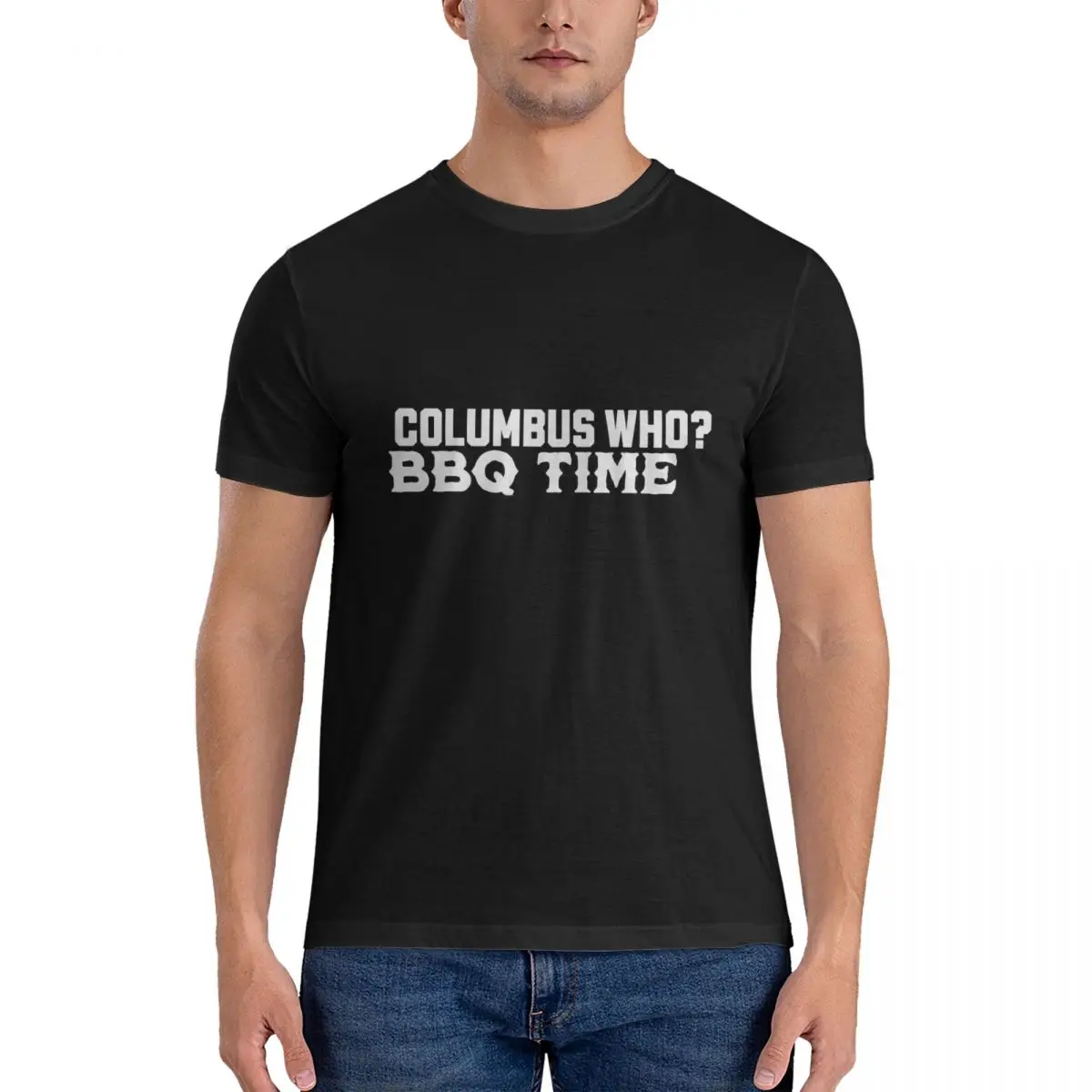 Columbus Who_ BBQ Time!_ T Shirts Men's Cotton Awesome T-Shirt Crew Neck Columbus Day Tee Shirt Short Sleeve Tops Printing