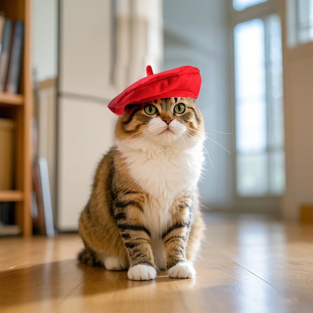 

Creative Cute Cat Beret Hat Red Black Fashionable Cat Dog Caps Comfortable Breathable Pet Headwear For Cat Dog