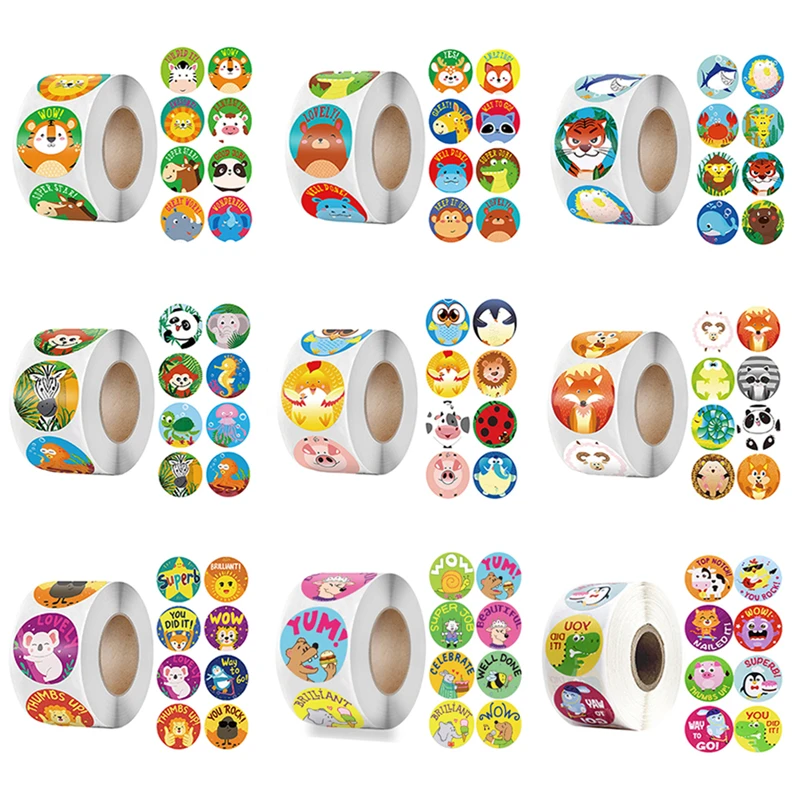 100/500pcs Reward Sticker Good for Teachers and Kids Boys Girl Toy Decoration Sticker Per Roll 8 Designs Cartoon Animal Sticker