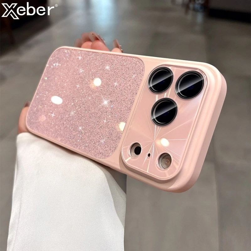 Роскошный блестящий стеклянный чехол для iPhone 17 Air 16 15 Plus 14 13 12 Pro Max с защитой объектива, противоударный гибридный бампер-накладка