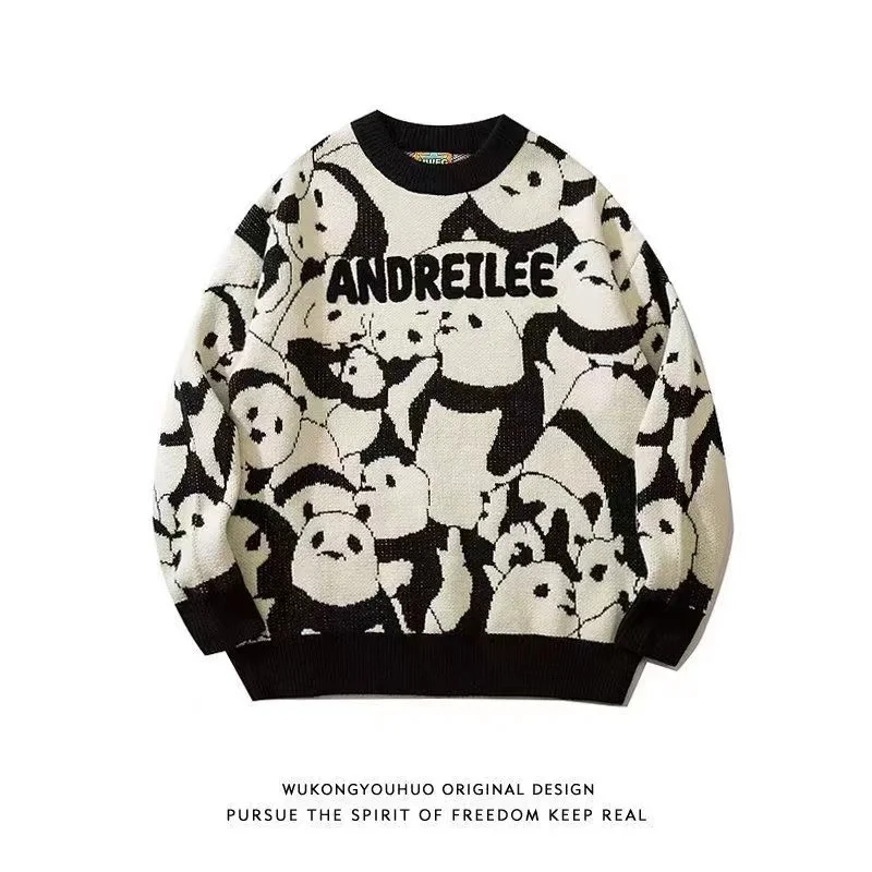 レトロな大きいサイズ 35kg 香港スタイル漫画パンダメンズカジュアル長袖ラウンドネックニットセーター冬のファッション