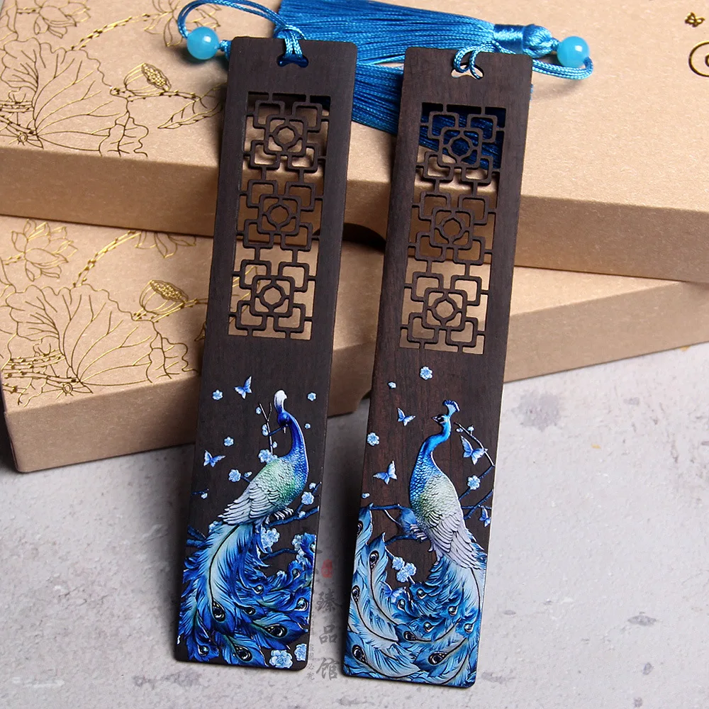 

Colored Ebony Hollowed Out Blue Peacock Bookmark Butterfly Flying Bird Dance Literary Artistic Chinese Style Cultural Creative