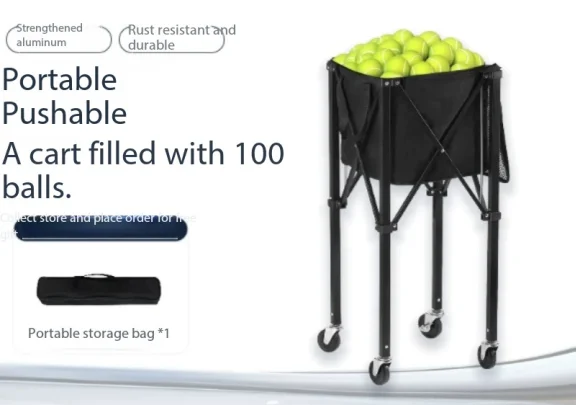 Foldable Ball Cart for Tennis, Pickleball, Badminton & Softball – 360° Wheeled Large Capacity Carrier with Storage Bag