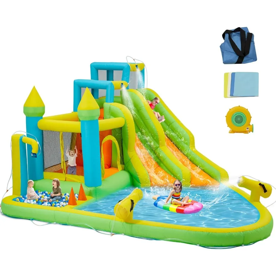 

Inflatable Water Slide 10 in 1 Water Park Bounce House for 3-12 with Blower Splash Pool 2 Slides Water Cannon Climbing Wall Blo