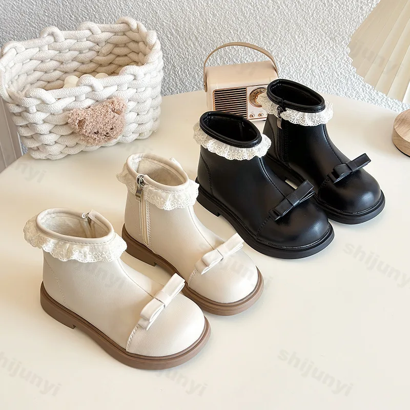 

Сапоги принцессы для девочек, осенне-зимние новые плюшевые утепленные модные кожаные сапоги с бантом и боковой молнией, удобная нескользящая теплая обувь