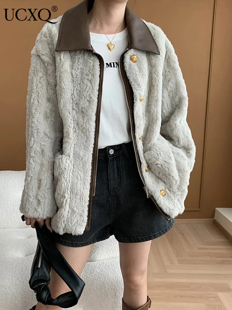 

UCXQ Elegant Fur Coat Office Lady Patchwork Lapel Button Zipper Loose All Match Fashion Jacket Women 2024 New Autumn Winter 1077