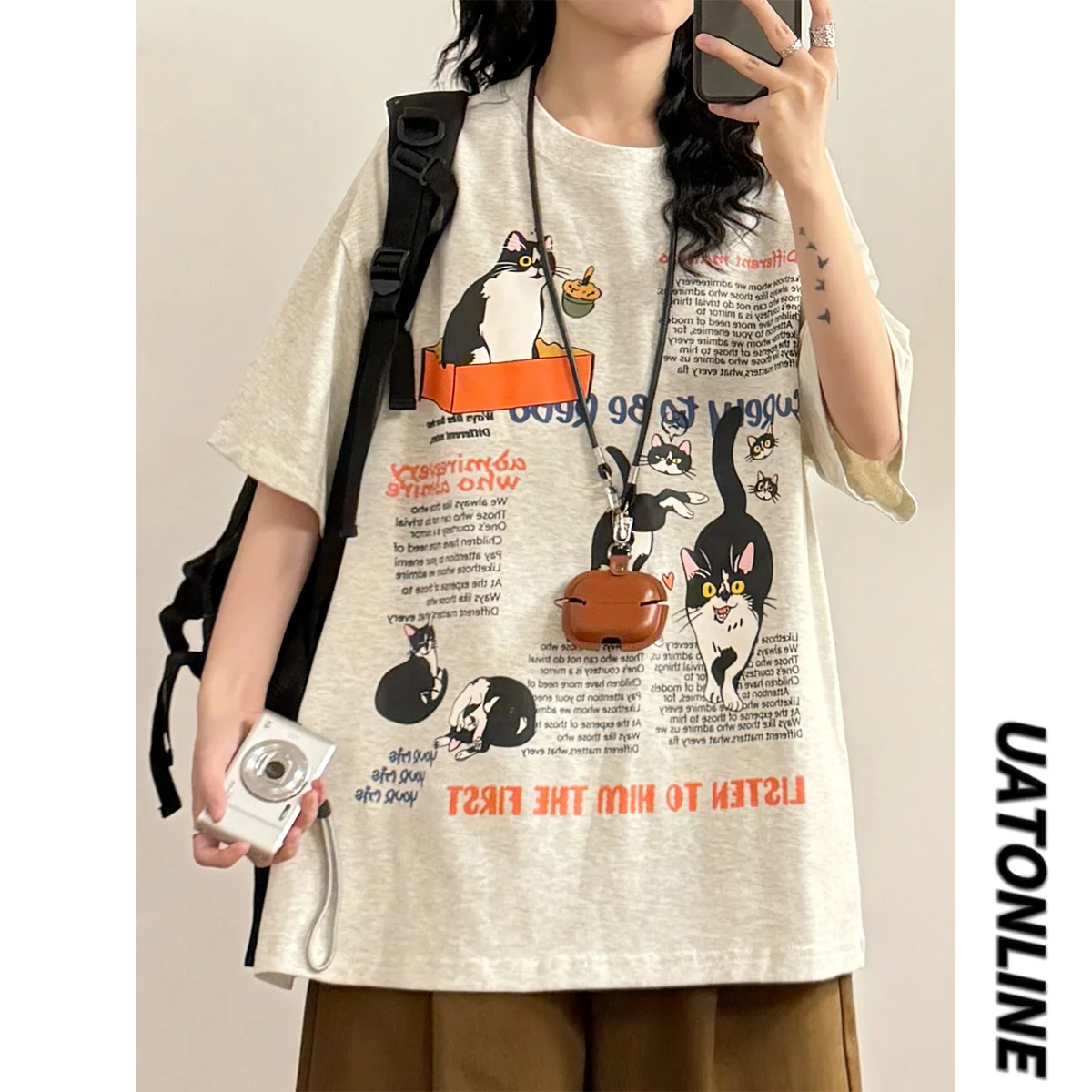 

UATONLINE Summer American Retro Design Letter Print round Ne Casual ort Sve Women's T-irt Street Sle Loose Fit
