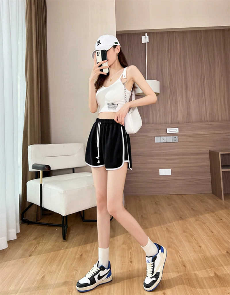 Summer Fashion Trend Women Girl Pink Black Gray White High Waist Sport Pants Thin Breathable Short Trousers Loose Comfortable