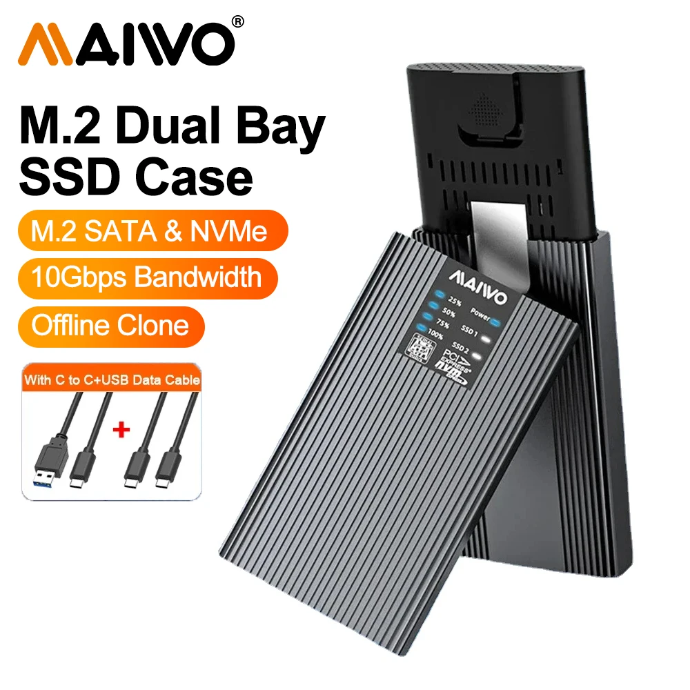 

Корпус для двух SSD-накопителей MAIWO Dual Bay M.2 NVMe SATA, USB-адаптер 10 Гбит/с, копировщик и дубликатор, поддержка клона в режиме офлайн, бокс для SSD-накопителей.