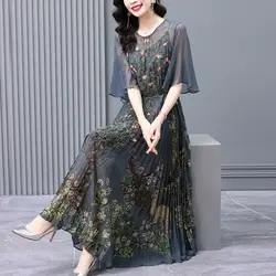 Elegant O-Neck Spliced Folds Gauze Flare Sleeve Floral Dress Women Clothing Spring Summer New Loose Office Lady Midi Dress