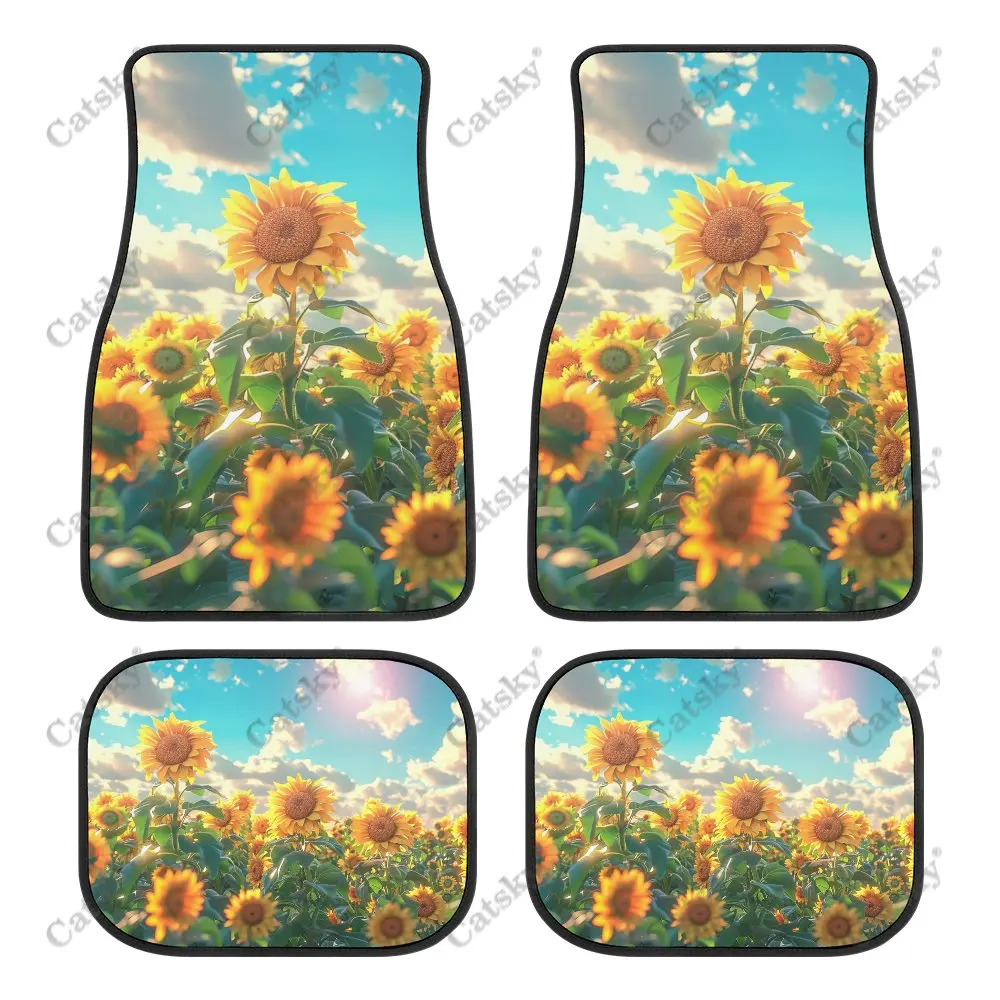 Sunflower Sun Cloud Car Floor Mats 4-piece Front Rear Carpet Stain-resistant Complete Set Suitable for SUV Truck Interior Decor