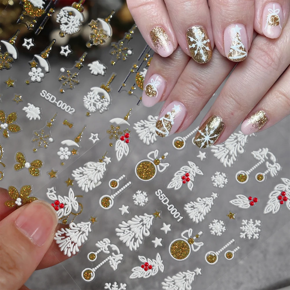 

5D Gold Silver Glitter Christmas Nail Sticker Cute Cartoon Santa Claus Snowman Bowknot Nail Art Decals Christmas Tree Xmas Gifts