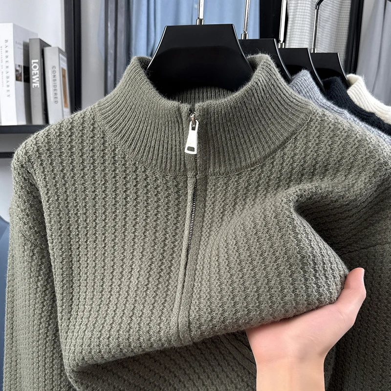 Hochwertiger Herbst-Winter Strick-Cardigan Designer-Neuheit Schlichter Lässiger Herren-Reißverschluss-Pullover mit Stehkragen Klassischer Jacquard Trendiger Sweater-Mantel – Detail 5