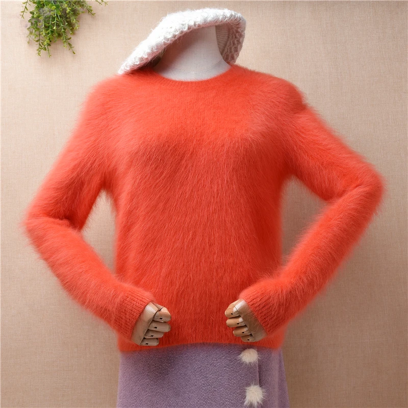 04 Ladies Women Fall Winter Clothing Hairy Colored Angora Rabbit Hair Knitted O-Neck Slim Blouses Pullover Jumper Sweater Pull