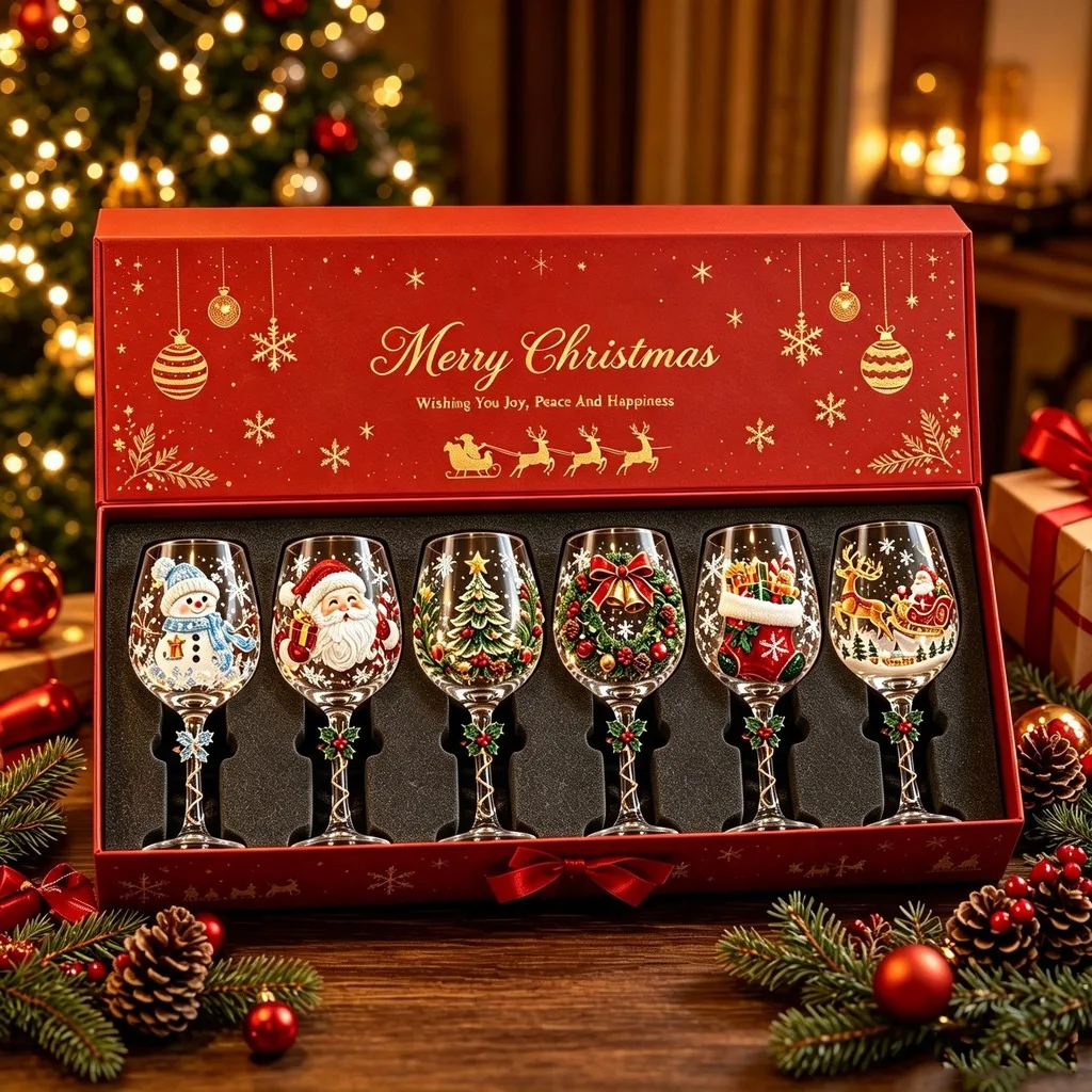 Christmas Decorative Wine Glass, 3D Embossed Xmas Goblet, Santa Snowman Reindeer Stocking Pattern for Christmas Gift