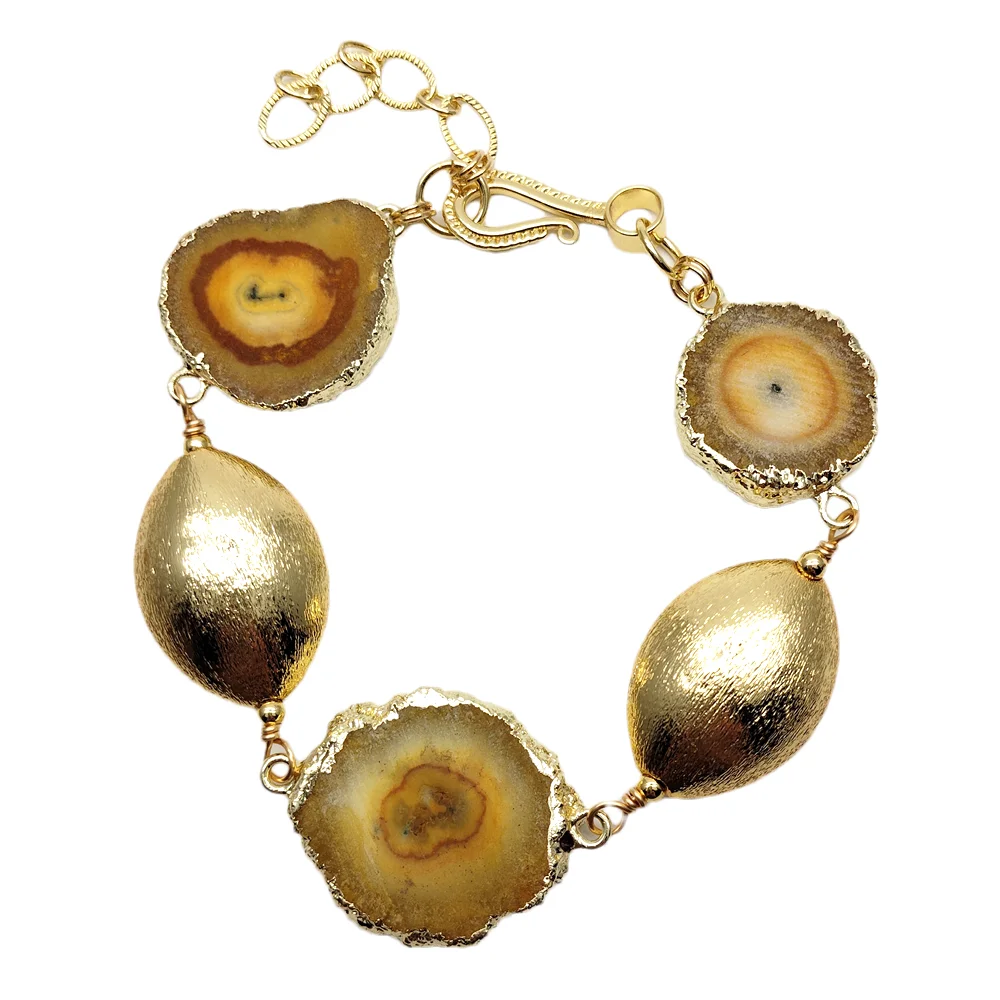 

YYGEM 24mm Yellow Golden Agate Slice Gem Stones Brushed Beaded Bracelet Jewelry Fashion Accessory