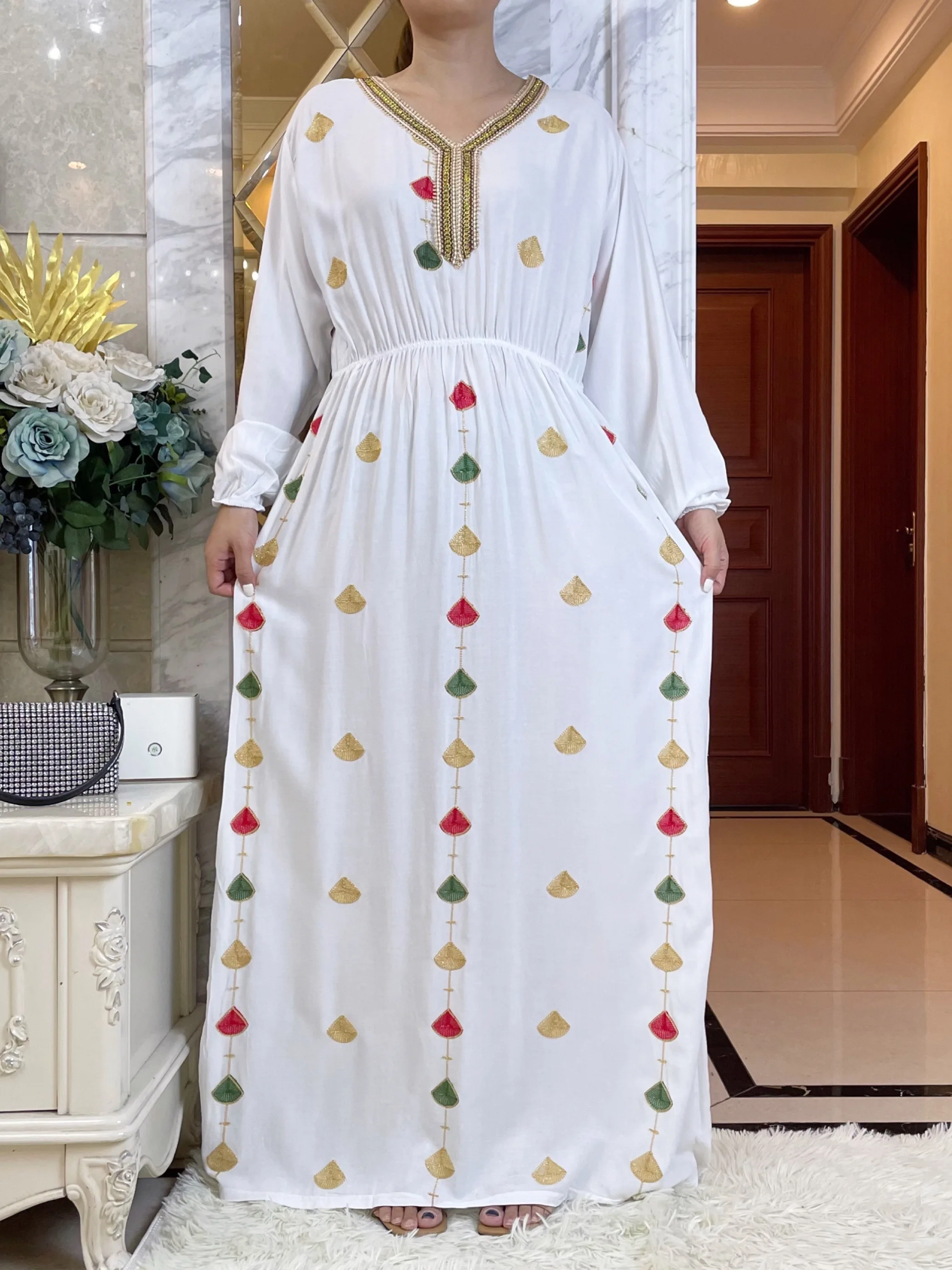 New African Summer African Long Sleeve Dresses Collect Waist Embroidery Floral Maxi Islam Women Cotton  Abaya With Big Scarf