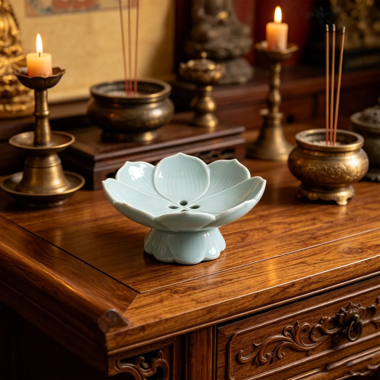 Ceramic Buddhist Fruit Plate Lotus Pattern Decorative Tray Altar Offering Plate Temple Sacrifice Serving Dish Porcelain Footed - view 5