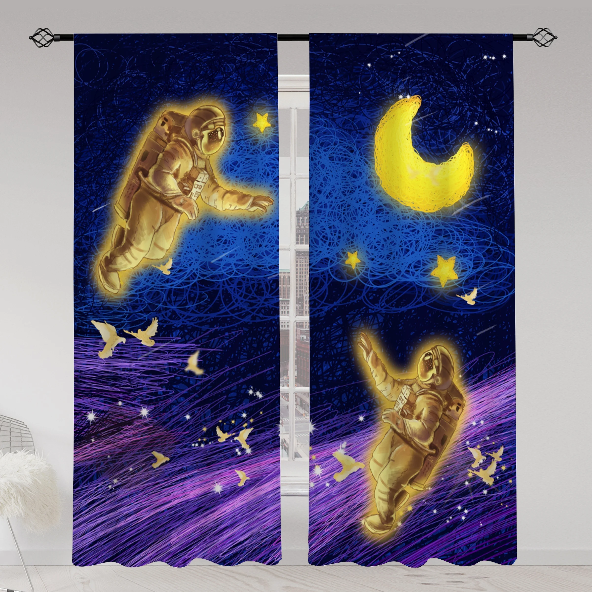 Golden Astronaut Curtains, Space Galaxy Moon Print Drapes, Kids Room Sci-Fi Decor for Window Treatment