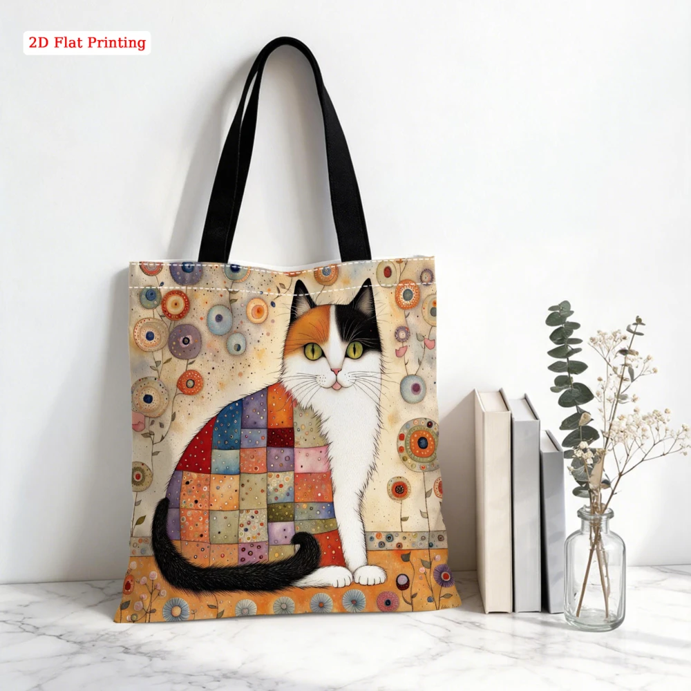 1Pc Vintage Style Shoulder Bag Multicolor Cat Patchwork Print Tote Bag For Shopping Travel Daily Use Large Capacity Storage Hand