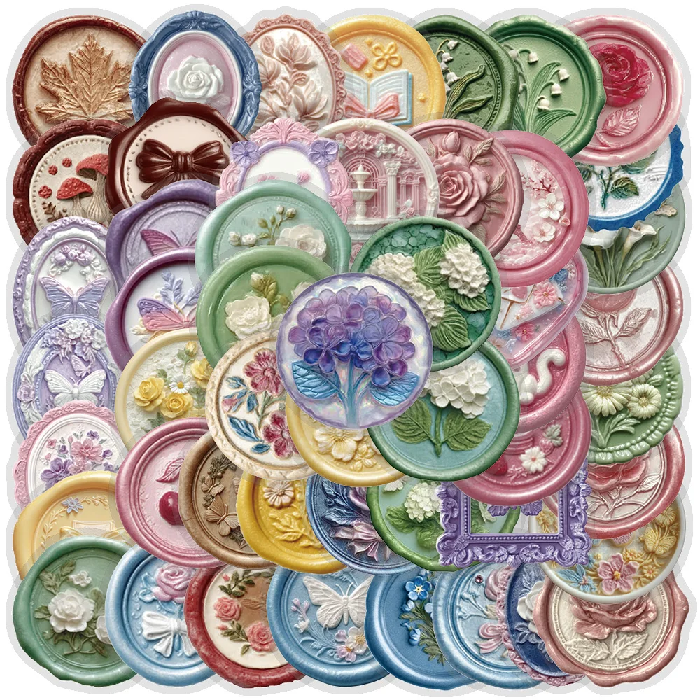 50Pcs Relief Seal Stickers Embossed Decals Vintage Craft Vinyl Art Set For Adults Stationery Journal Card Planner Gift Box Decor