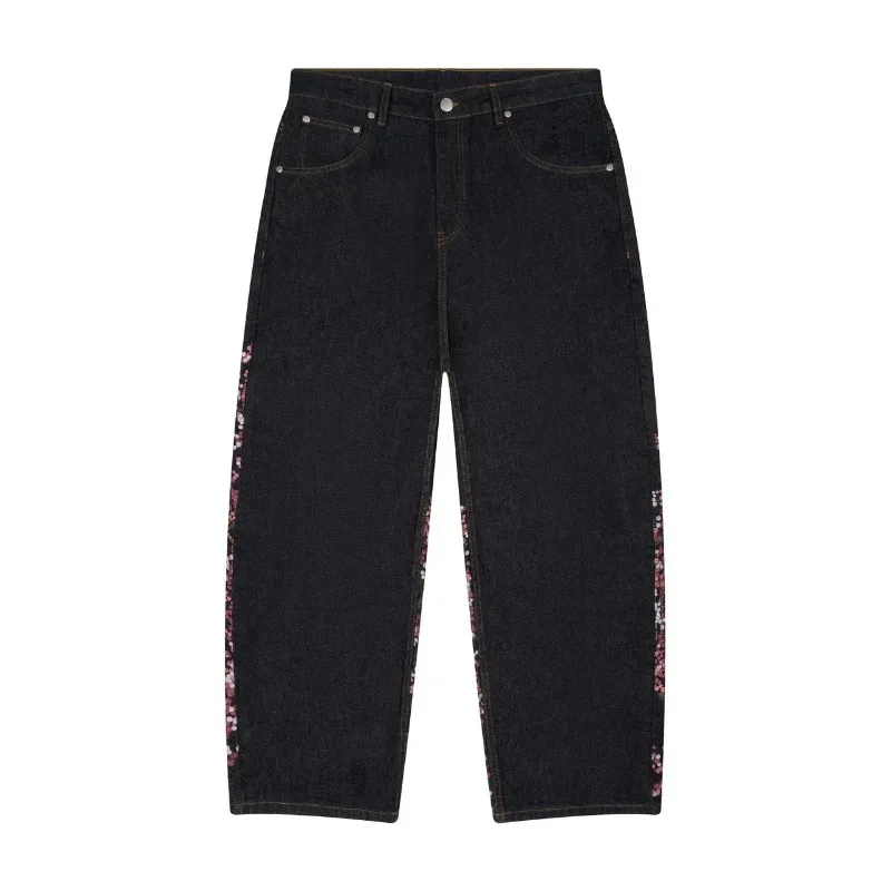 Men's Jeans Autumn Japanese Korean Casual Straight Leg Pants Cherry Blossom Embroidered Jeans Y2K Baggy Pants