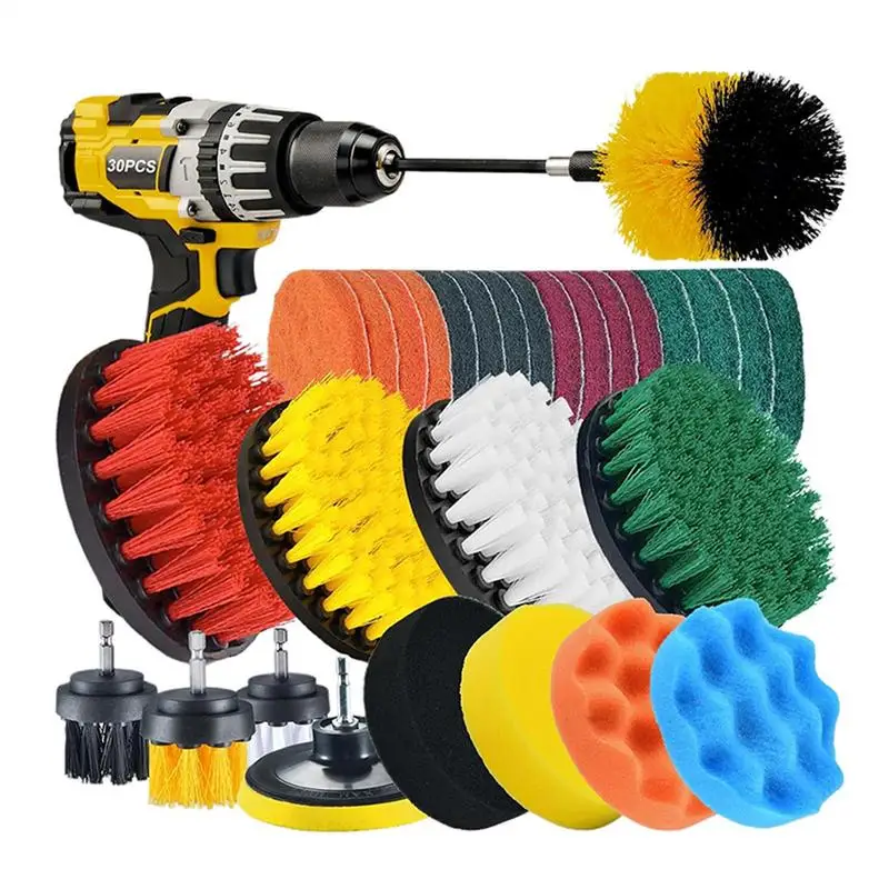 30pcs Drill-Brush Head Kits Car Polisher Cleaning Brush Kit Electric Drill Car Brush Attachment Set For Vehicle Kitchen Bathroom