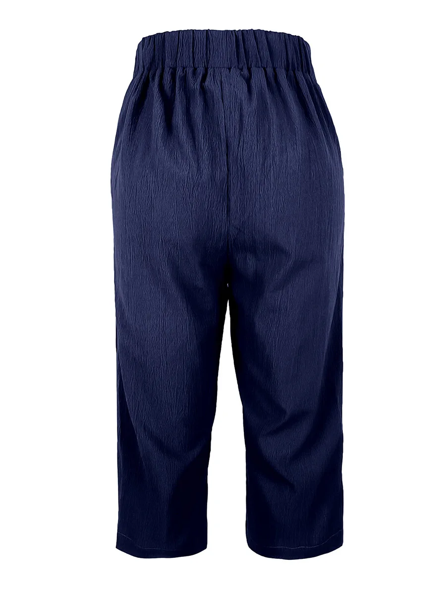 Damen Sommer Casual Caprihose mit Elastischem Bund, Einfarbig, Locker Geschnitten, Wadenlänge, mit Taschen und Knopfdetail, Basis-Hose – Detail 10