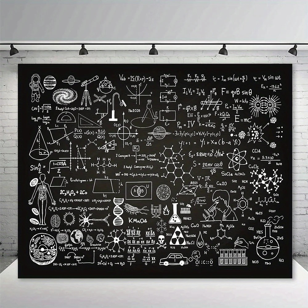 1pc Science Classroom Background - Blackboard-style background with chemistry, physics, mathematics and geometric formulas