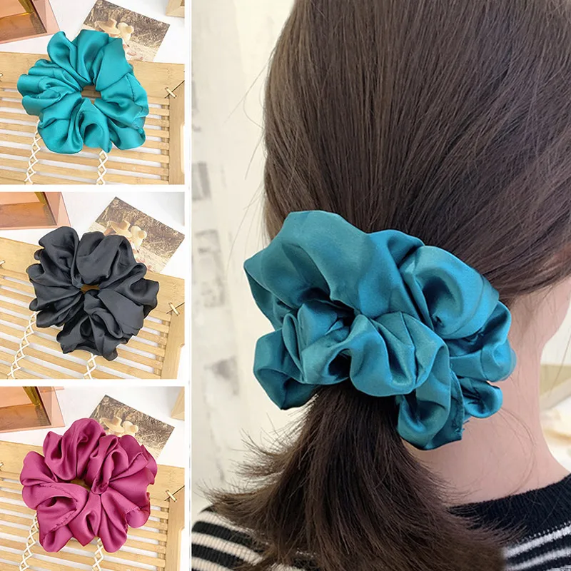 Fashion Women Girls Silky Satin Hair Scrunchies Solid Stretch Elastic Hair Tie Simple Elegant Rubber Band Ponytail Tie