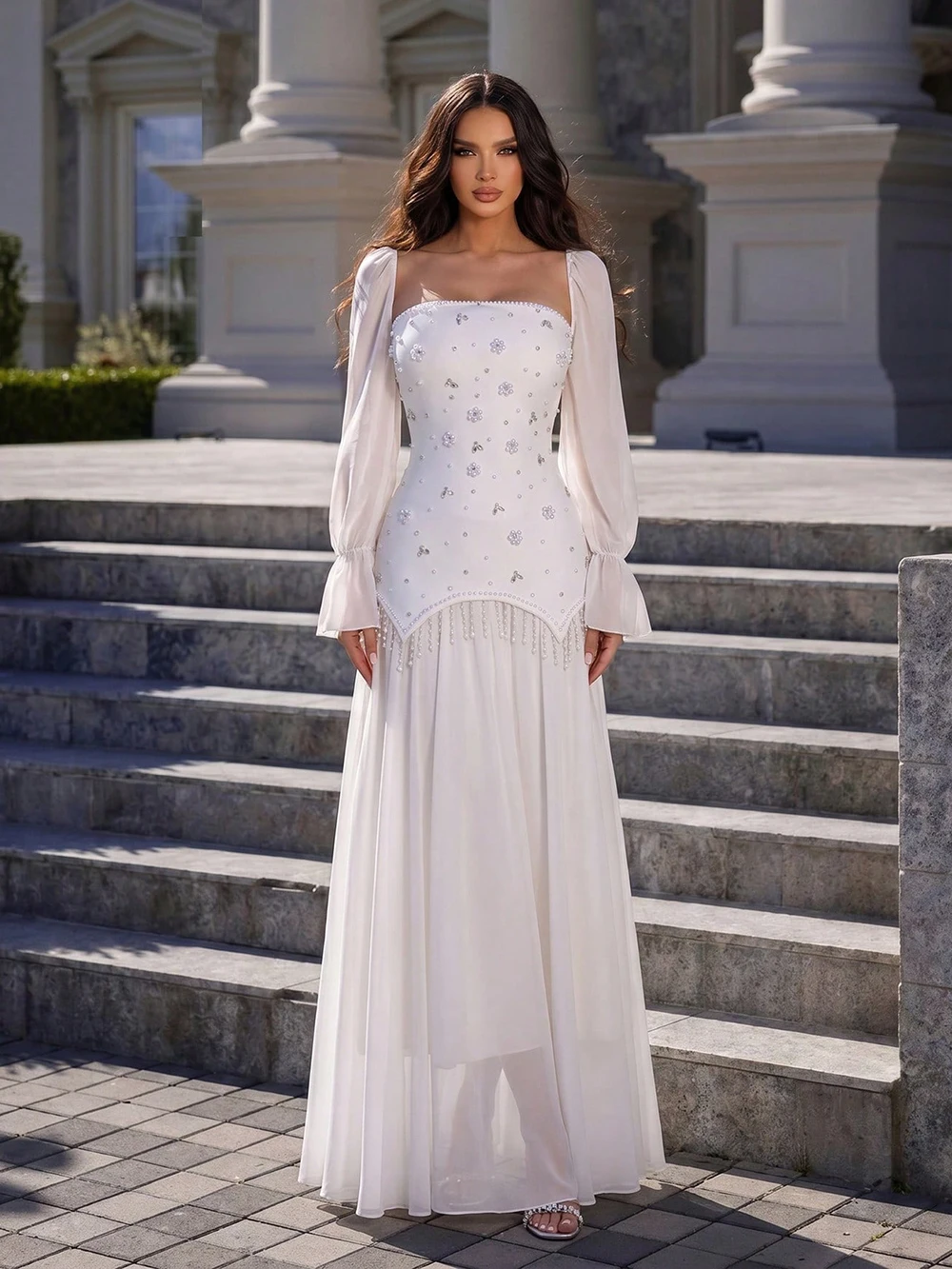 Modphy Solid Spliced Pearl Bead Tassel Long Dress For Women Square Neck Long Sleeves High Waist Elegant Dress Female Autumn New