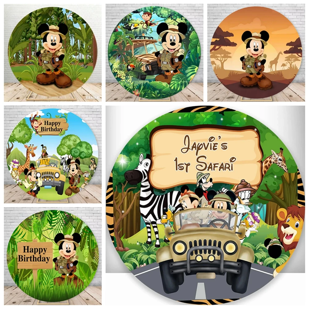 

Mickey Wild Jungle Forest Theme Round Backdrop Children First Birthday Party Baby Shower Decoration Stretch Fabric Customized